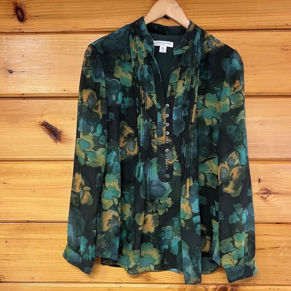 COLDWATER CREEK Blouse Green Women's Long Sleeve Delicate Medium Top Lined